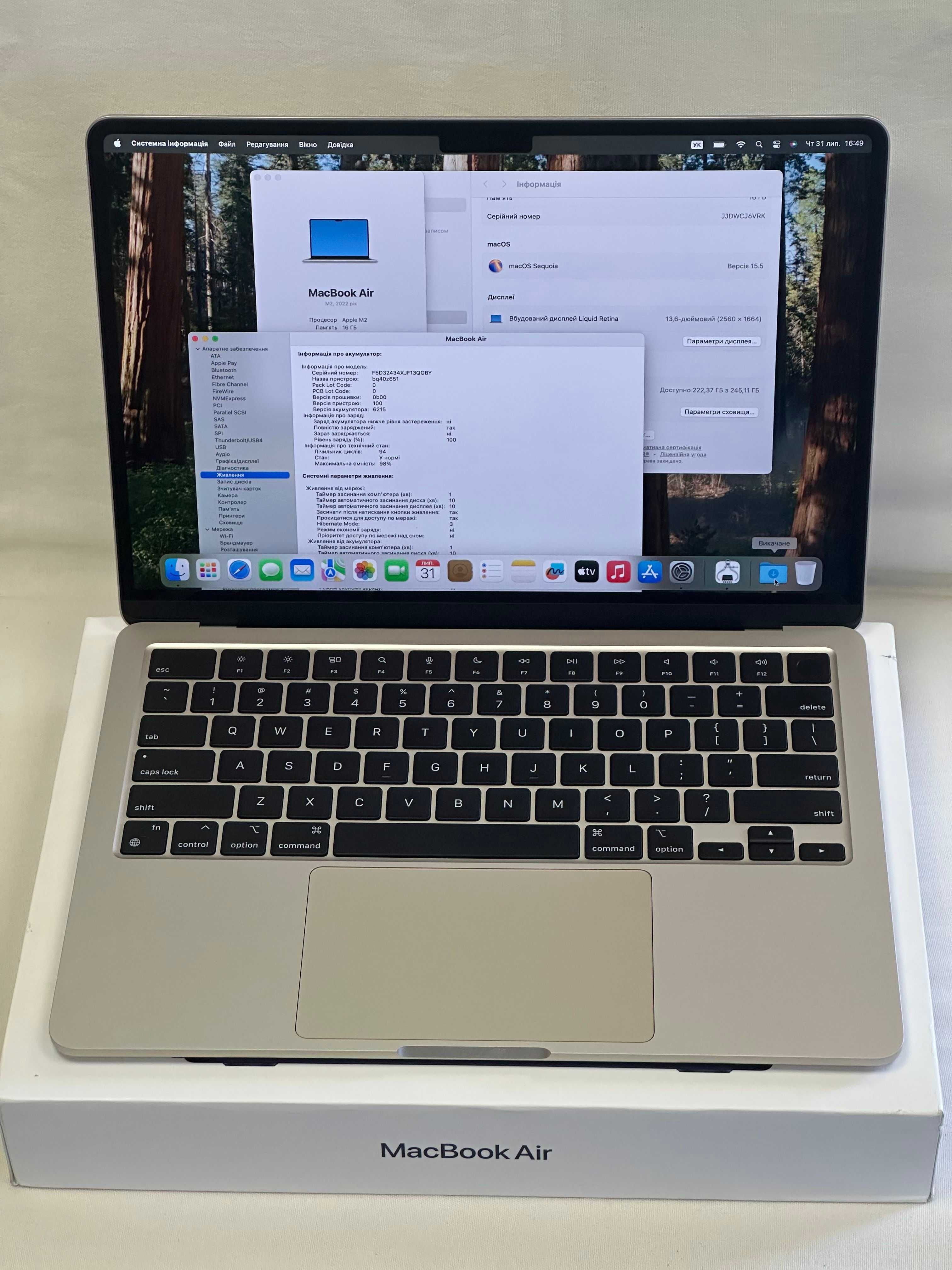 MacBook Air M2 13’ 2022р. 16/256Gb, 98% батарея - 94 циклів