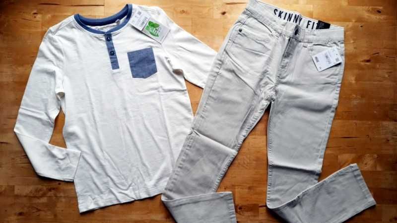 C&A SPODNIE chinos piaskowe BLUZKA henley biała denim 140 NOWA