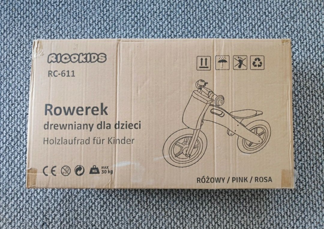 Rowerek biegowy drewniany Ricokids RC-611 różowy NOWY