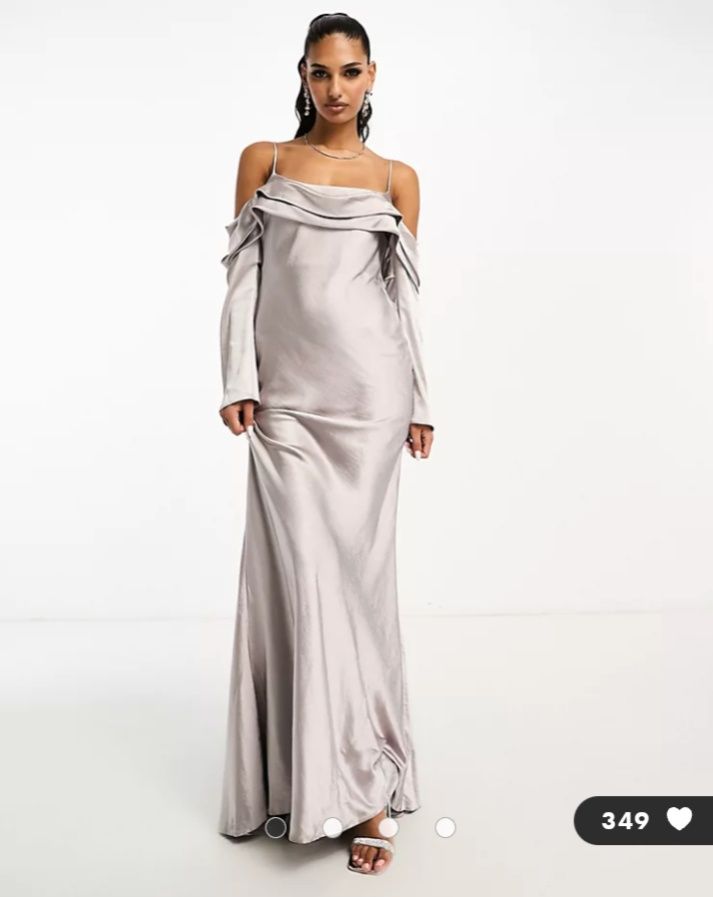 ASOS Srebrnoszara sukienka maxi 40 z odkrytymi ramionami wesele druhna