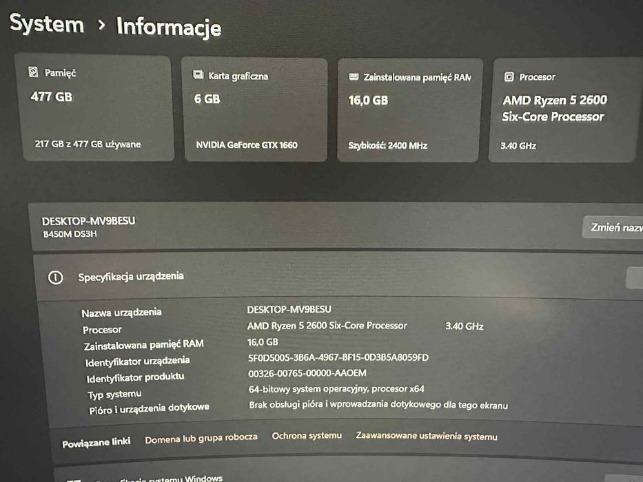Komputer Geforce 1660 AMD ryzen 5 6 rdzeniowy 16gb