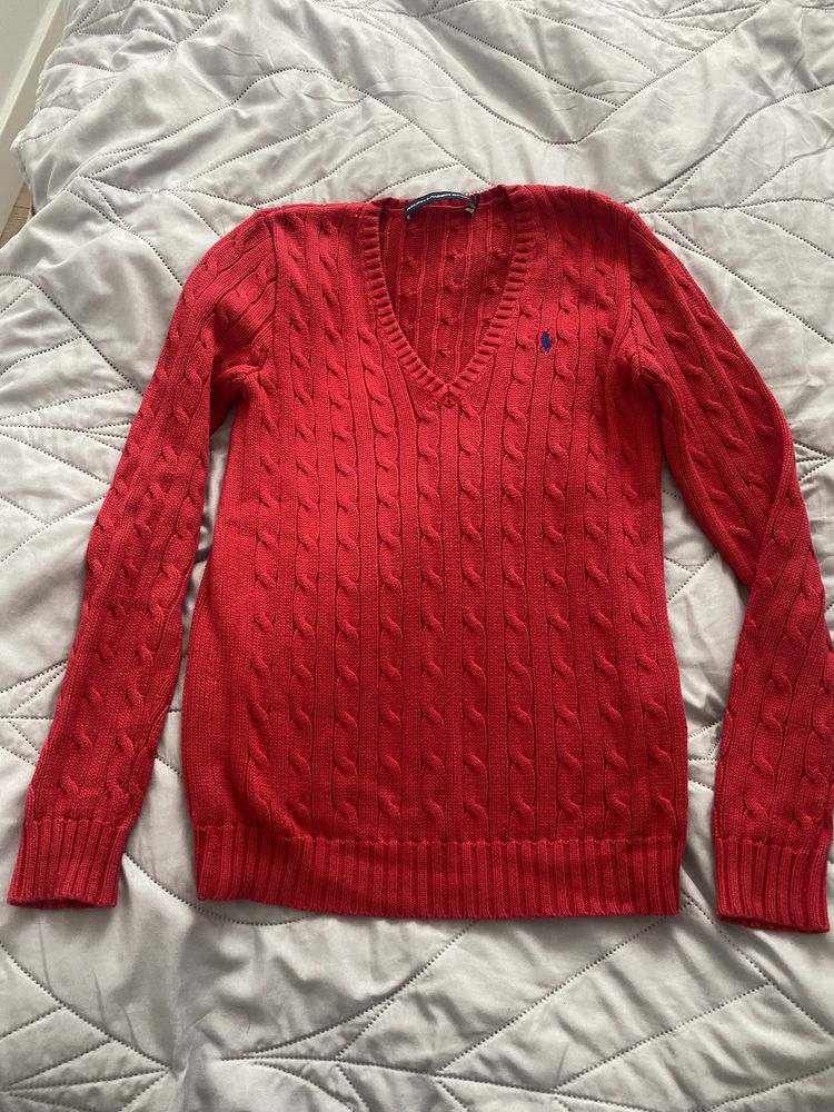 Sweter damski warkocz klasyczny czerwony Ralph Lauren Sport rozm s