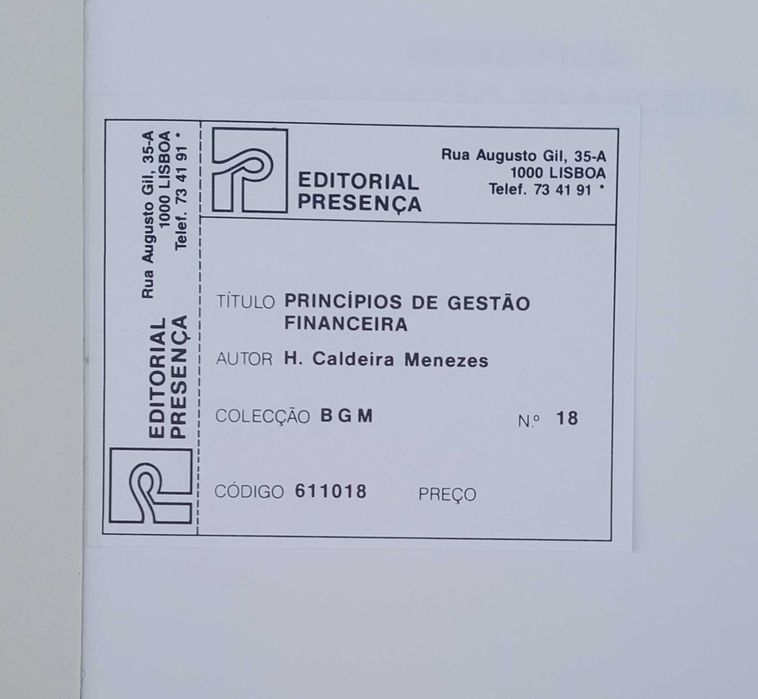 Livro Princípios de Gestão Financeira, H. Caldeira Meneses BOM ESTADO