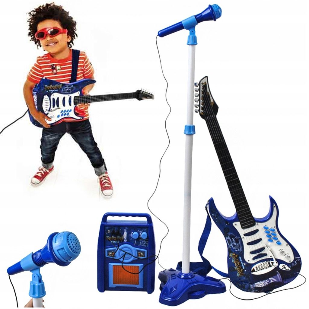 Комплект дитячої електрогітари+мікрофон+підсилювач/Синій-Рожевий колір