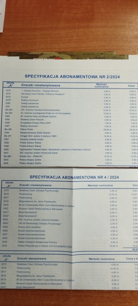 Abonament filatelistyczny znaczków pocztowych czystych kasowanych 24 r