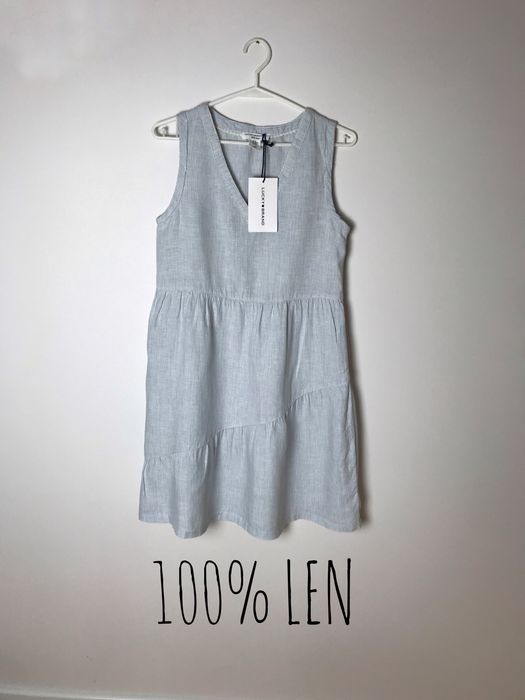 Błękitna lniana wakacyjna, letnia sukienka w białe paski Lucky Brand