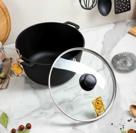 Чавунний котелок казан 5 л зі скляною кришкою wok кастрюля чугун