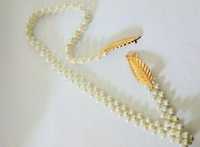 Wąski pasek damski perłowy łańcuch pereł elastyczny złote liście