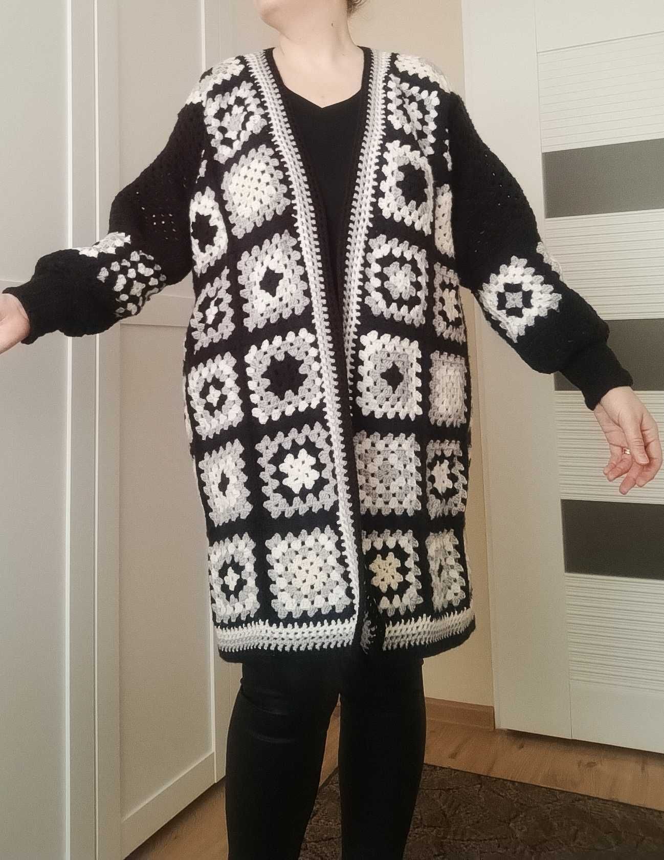 Kardigan, sweter szydełkowy oversize, unikat, rękodzieło, rozm. 46,