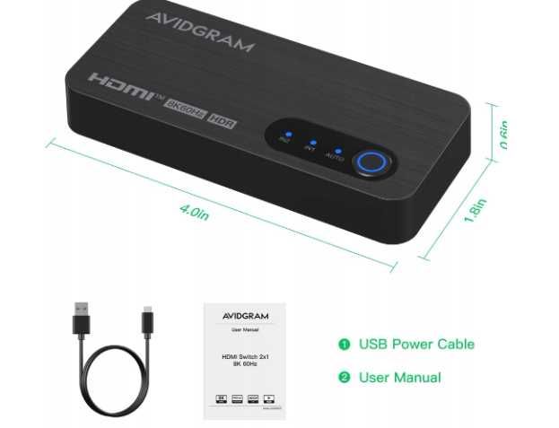 Przełącznik AVIDGRAM Switch HDMI 2.1 8Kprzy 60Hz 2w1 Out, 4K 120Hz HUB