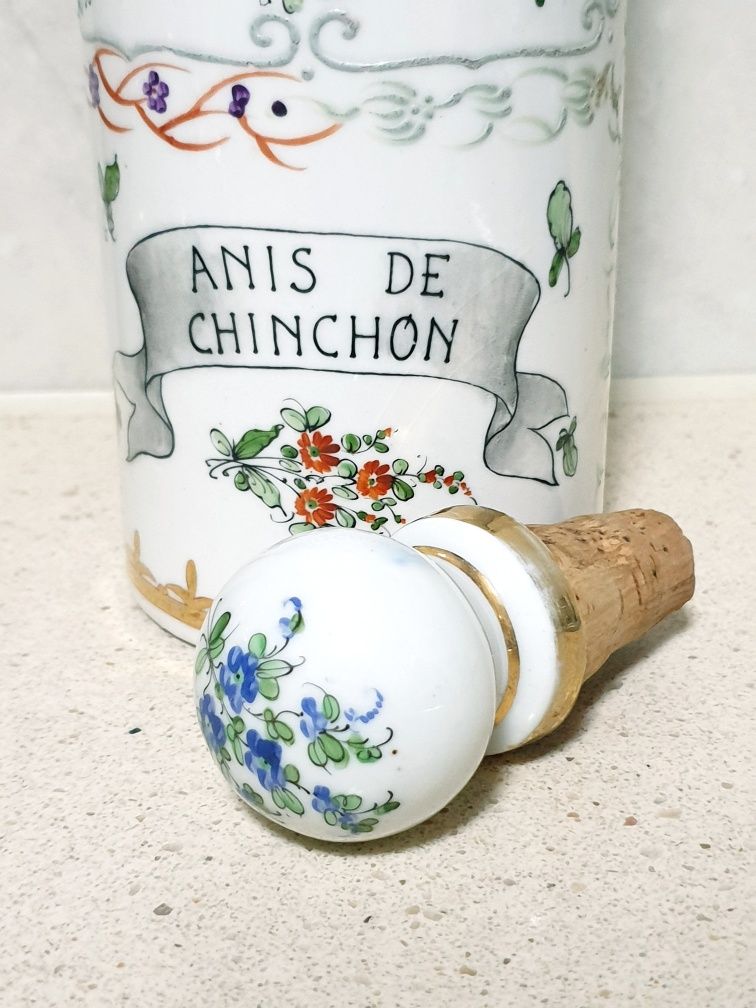 Linda antiga garrafa Anis de Chinon em porcelana policromada
