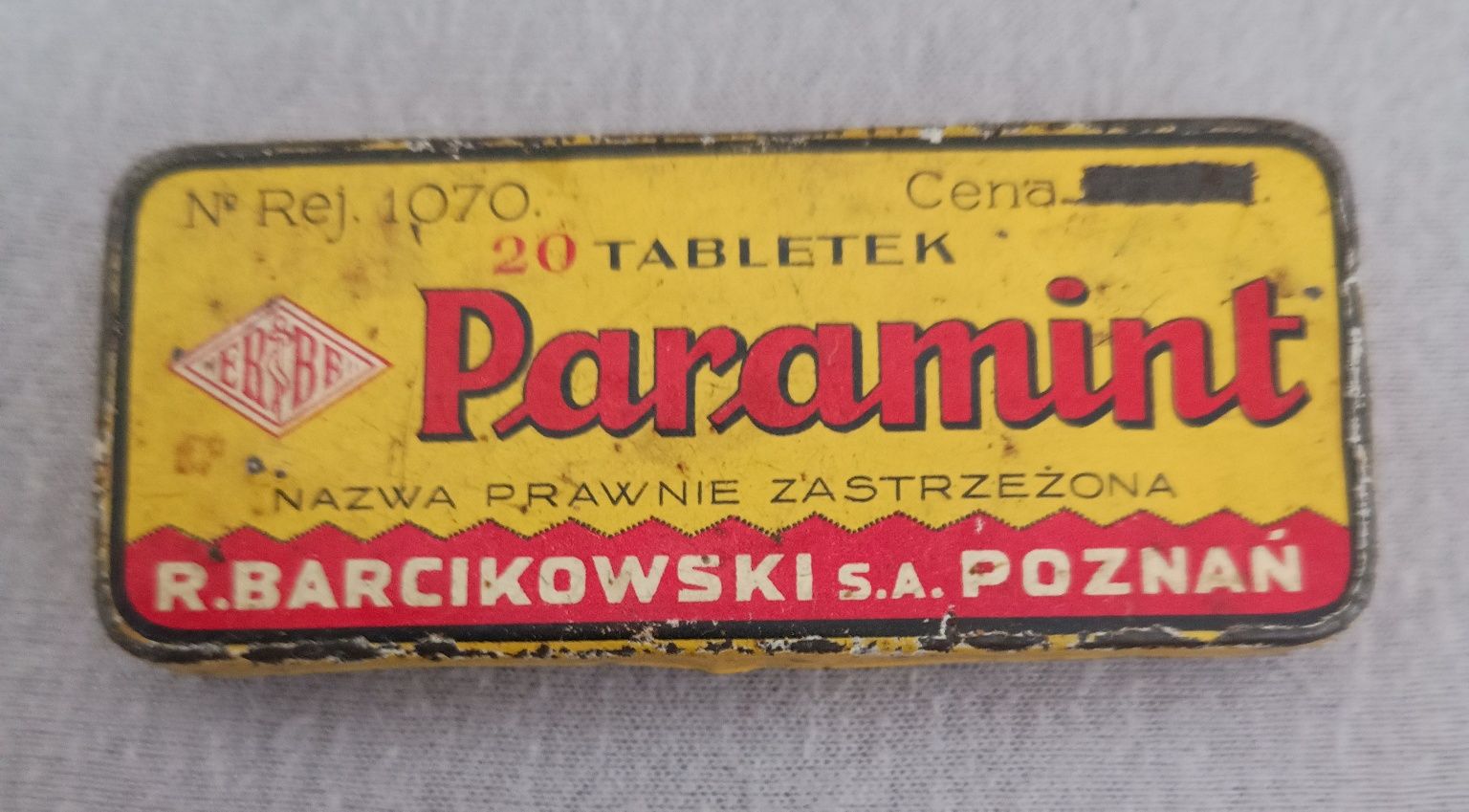 Paramint R. Barcikowski S.A. Poznań, przedwojenne opakowanie, metalowe