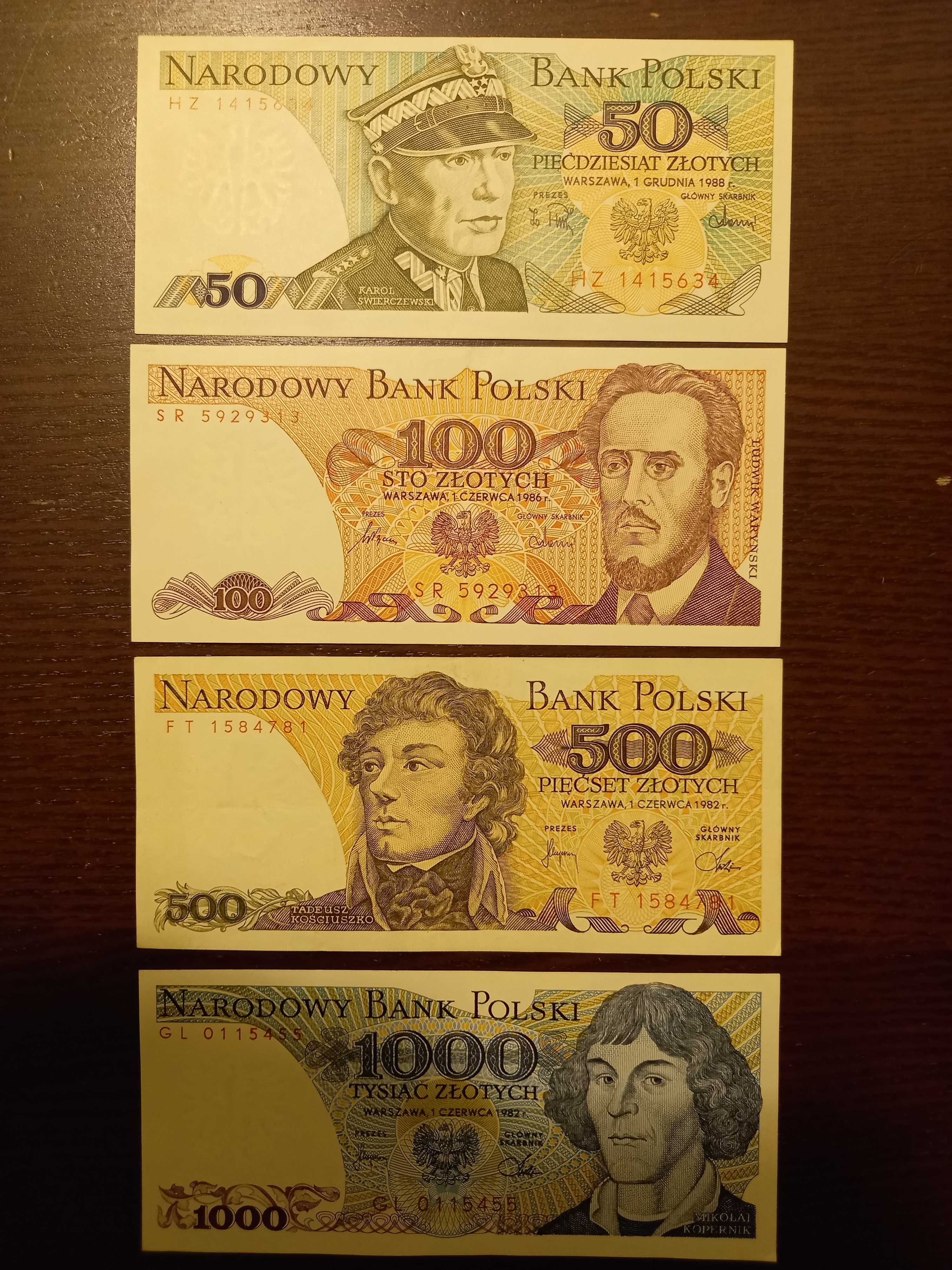 Banknoty UNC z PRL 50, 100, 500, 1000 zł