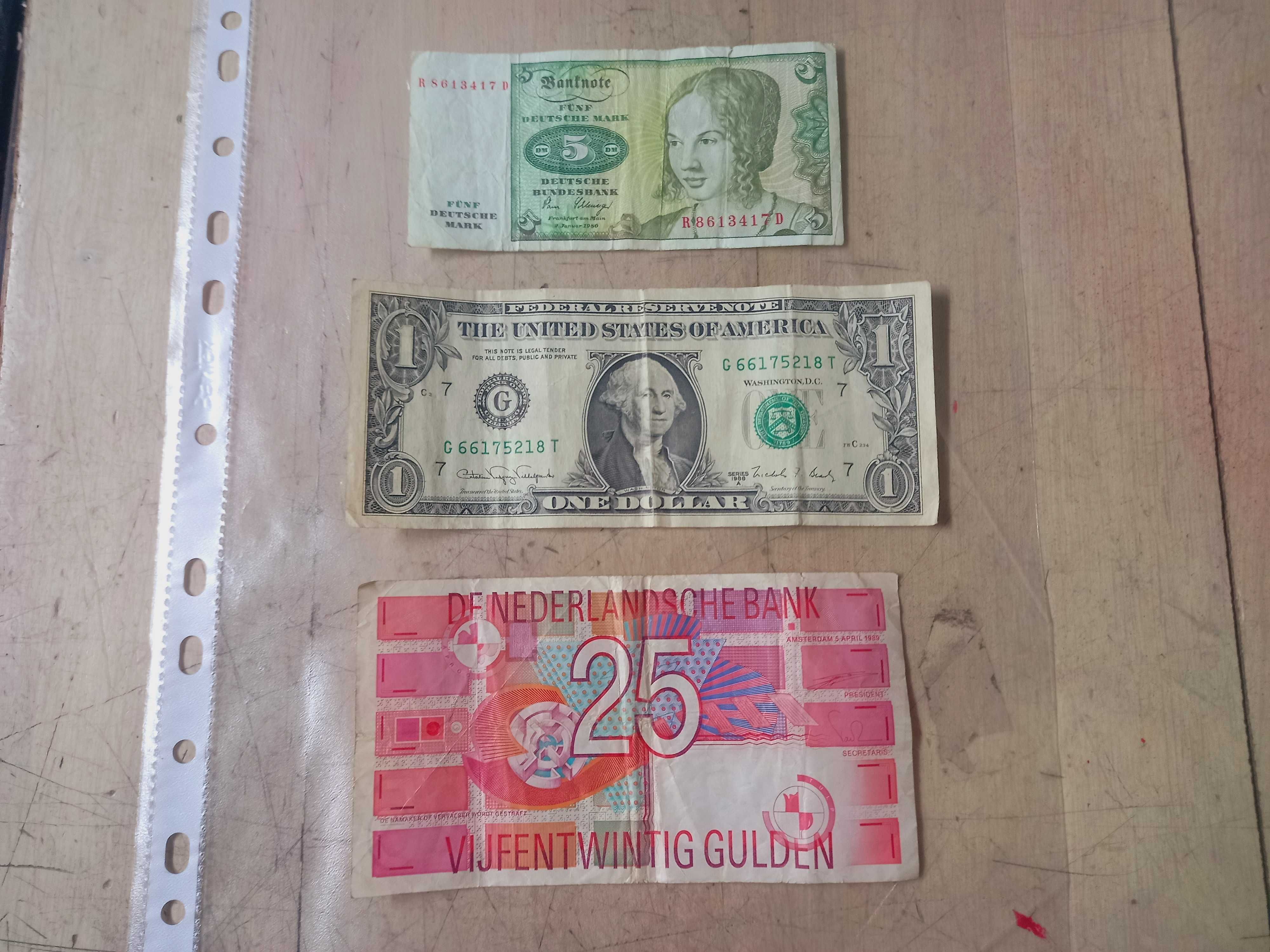 Banknot banknoty Gulden 25 1 dolar amerykański USA 5 marek niemieckich