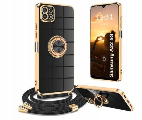 etui yutwo do samsunga galaxy a22 5g, pierścień 360°, czarno - złoty