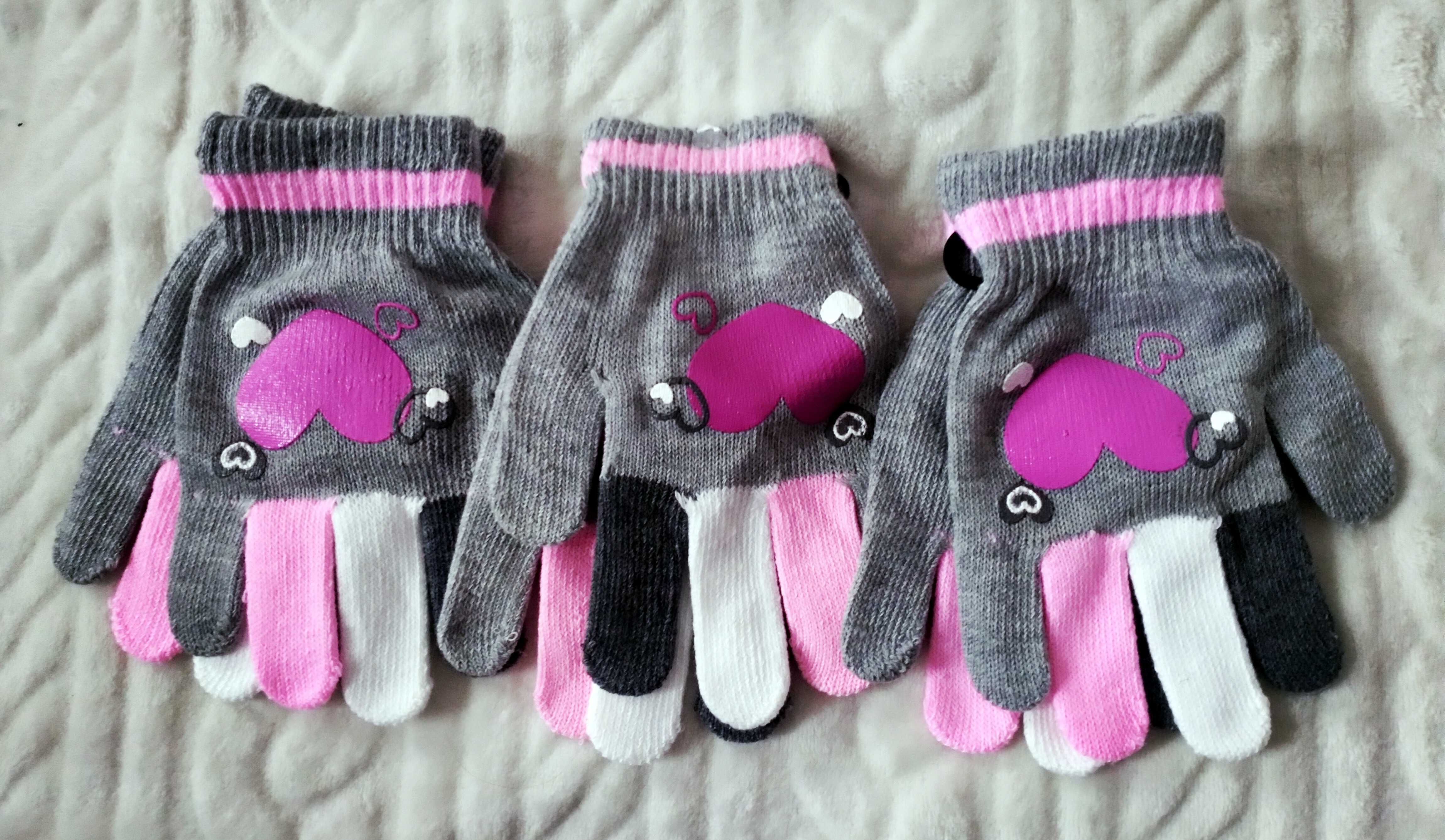 Rękawiczki dla dzieci Serca dzianina Komplet 3 pary NOWE piękne