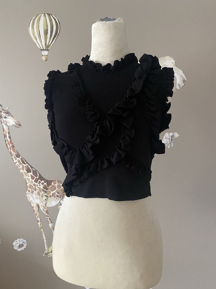 Top bluzka czarna zara crop top czarny falbanki