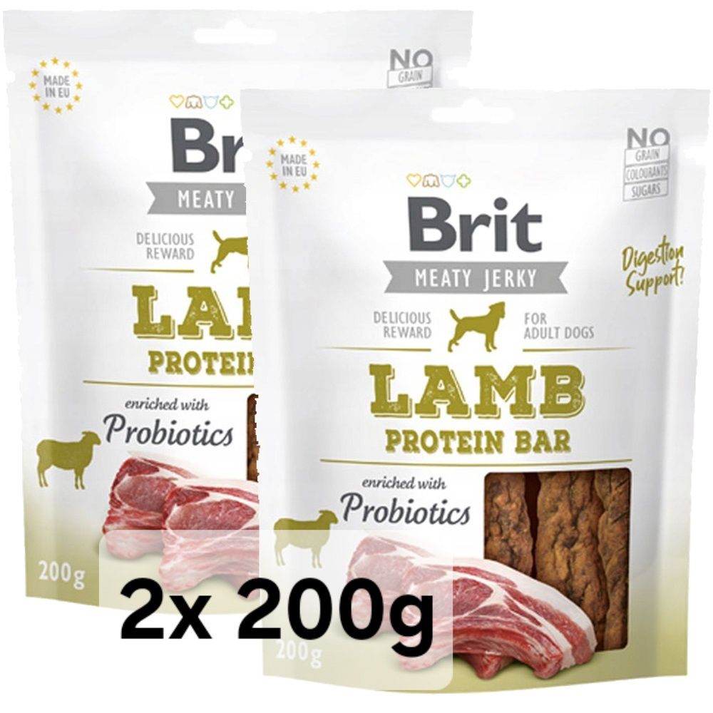 Brit 2x 200g + Gratis, Meaty Jerky Lamb 400g Przysmak Treserki Gryzaki