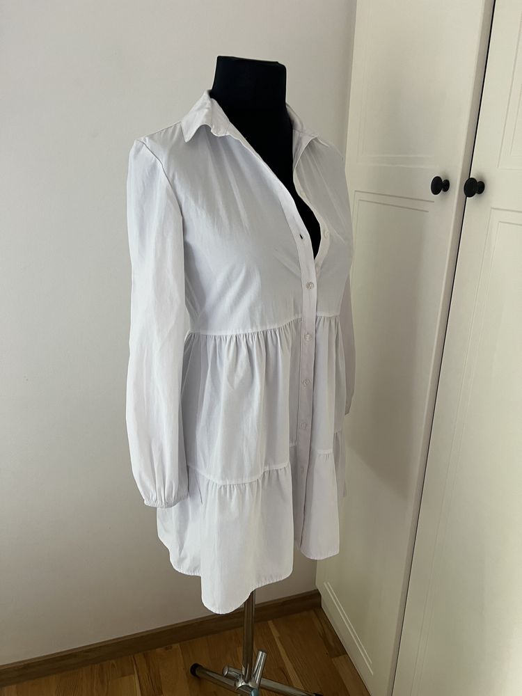 Stradivarius – Biała sukienka koszulowa, rozmiar S, 50% bawełna
