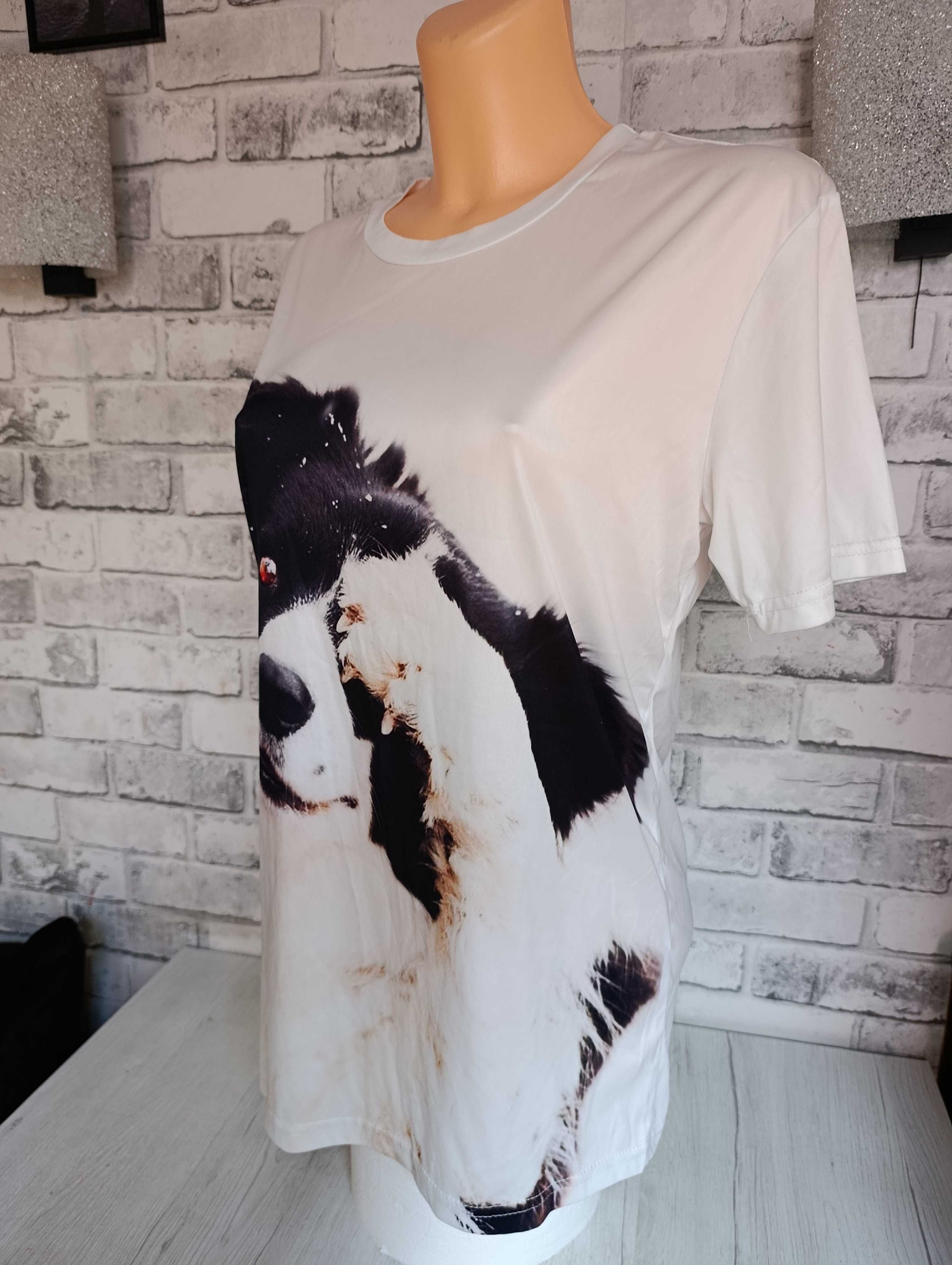 M t-shirt biały koszulka krótki rękaw bluzka BC Border Collie z psem
