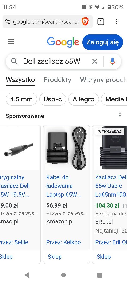 Kabel do ładowania laptopa Dell 65W