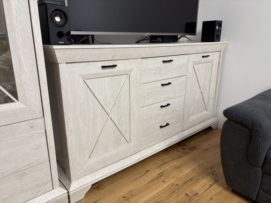 Meble do salonu 210 cm – komoda + witryna, jasne drewno, Stylowe meble