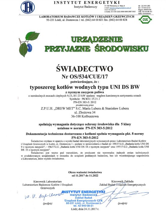 Kocioł DREW-MET UNI DS BW 13 kW - 5 klasa - ED - zasypowy / tradycyjny