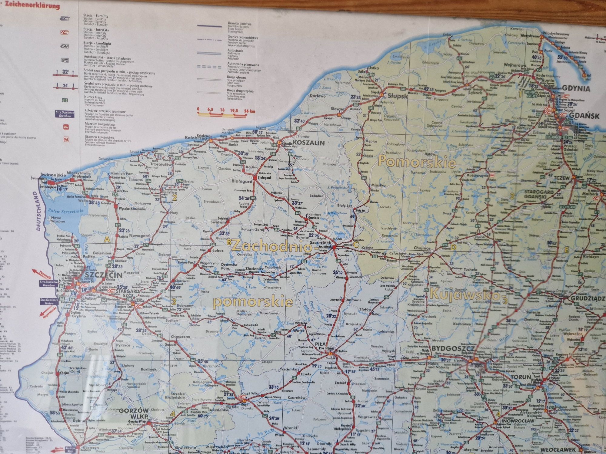 Mapa kolejowa PKP z 1999 roku, czasy przejazdu. Unikat, Szczecin