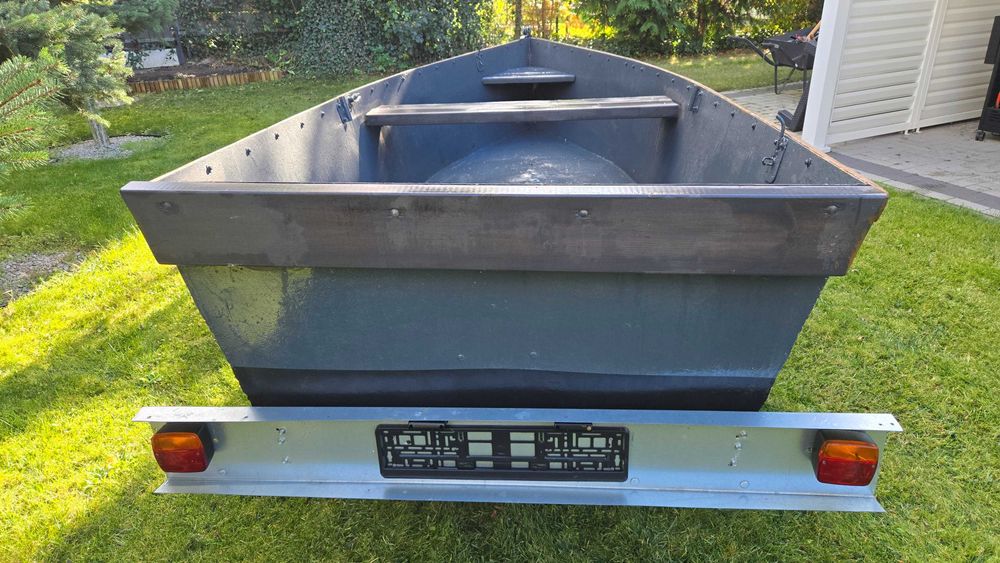 Łódka wędkarska, metalowa, przyczepka, silnik, akumulator Kościan