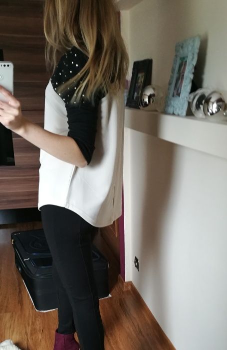 Bluza bluzka kamienie XS S czarna kremowa