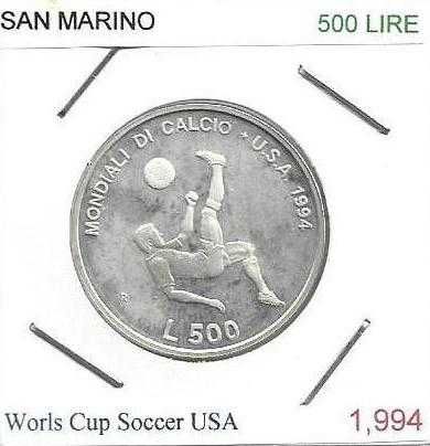 San Marino -  500 Lire - 1994 -  Futebol 1984 U.S.A. -  Moeda de Prata