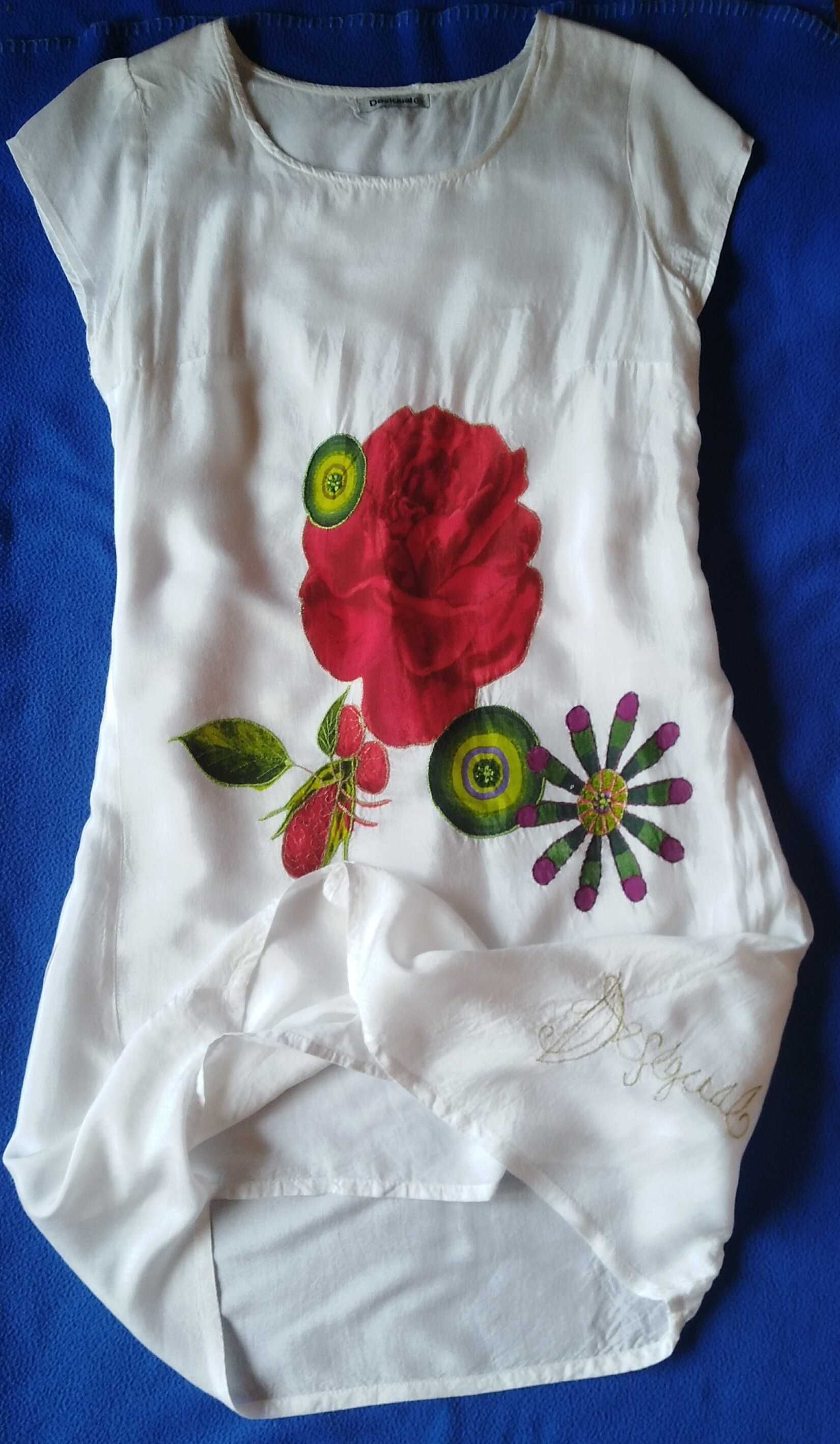 DESIGUAL biała sukienka nadruk róża logo haft Boho r.36/38