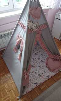 Namiot Tipi, szary, różowy,  120x120cm plus dodatki