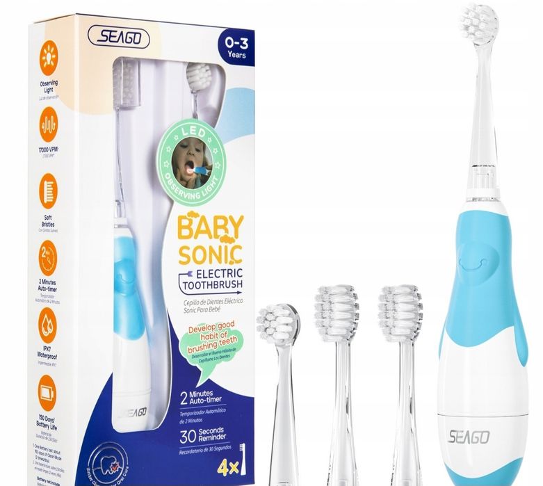 Szczoteczka soniczna dla dzieci światło led 4 główki kolor niebieski