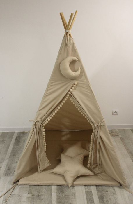 TIPI namiot wigwam beż, pomponiki