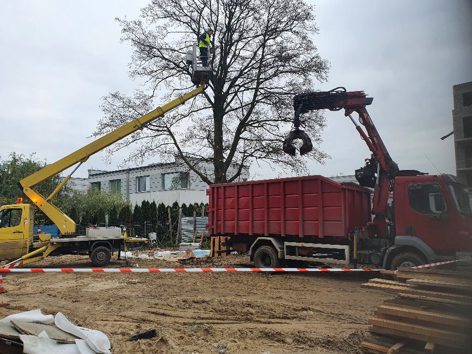 Wycinka drzew, rębak do gałęzi, frezowanie pni, mulczer, podnośnik