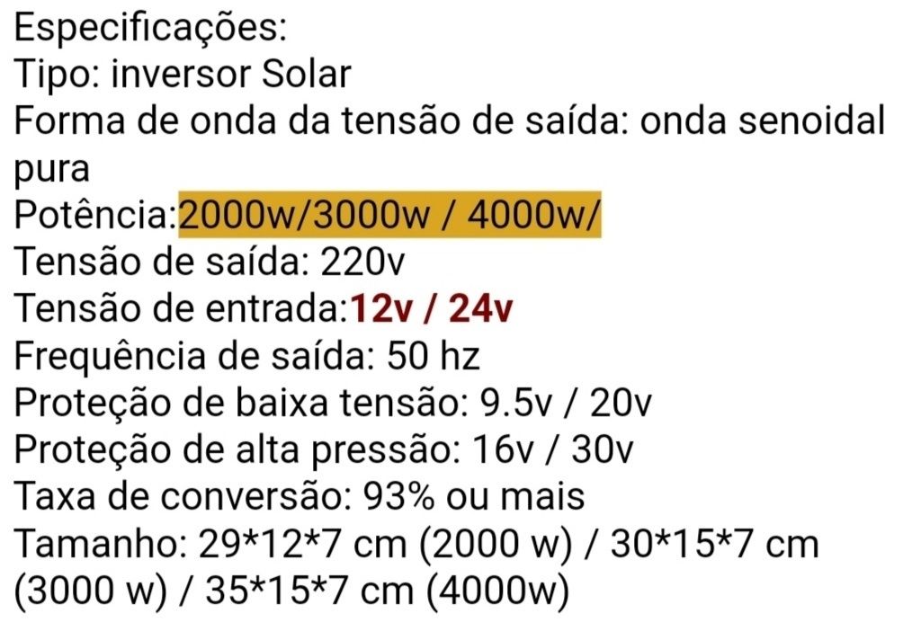 Inversor onda pura 2000 a 8000W.  Disponíveis várias marca.