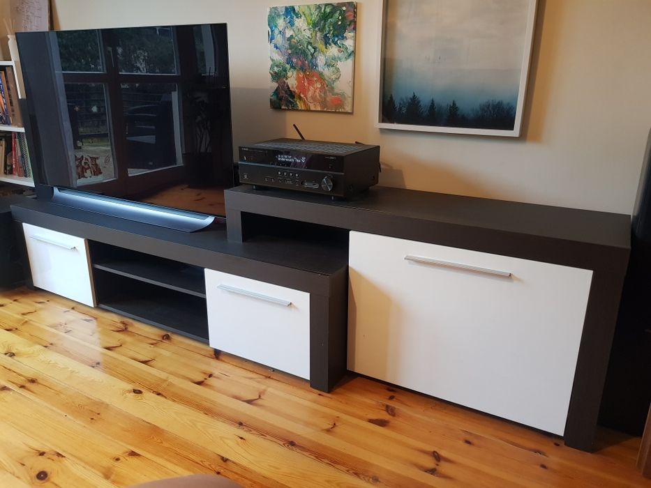 Szafka rtv, stojąca i wisząca. Ciemny brąz i biały lakier. Meble rtv