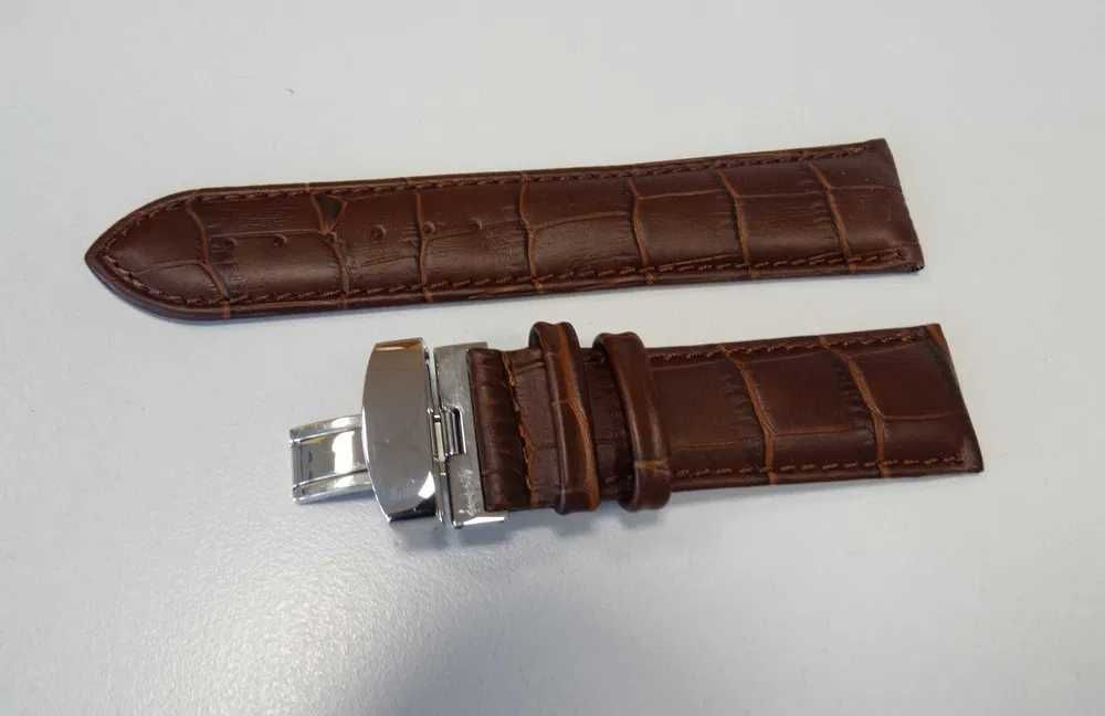 Brązowy pasek skórzany 24mm do zegarka z klamrą zapięcie motylkowe
