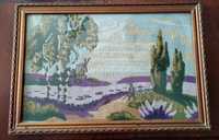 Stary obrazek haft krajobraz w ramce za szkłem