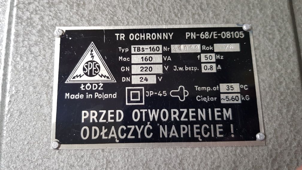 Transformator ochronny TBS-160 24V 160VA | PRL | SPES Łódź