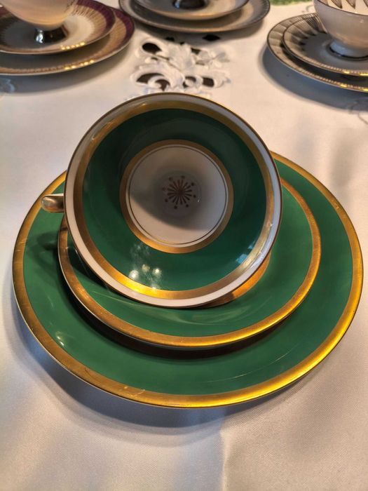 Trio kawowe Bavaria – Johann Seltmann – zielone ze złotem (lata 40–50)