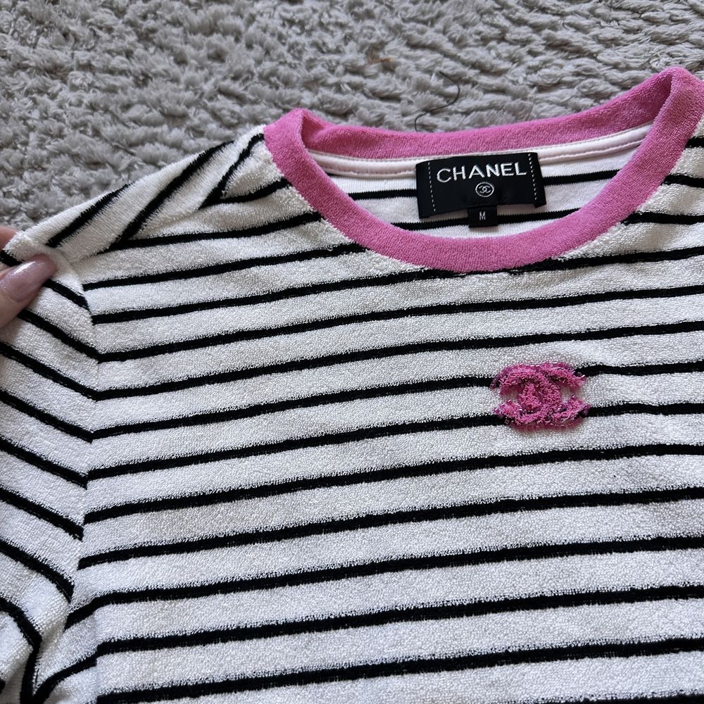 Chanel лонгслів кофта з довгим рукавом плюшева в полоску з логотипом