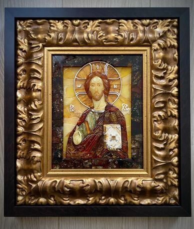 Ікона Спасителя із натурального бурштину мозаїка ексклюзив