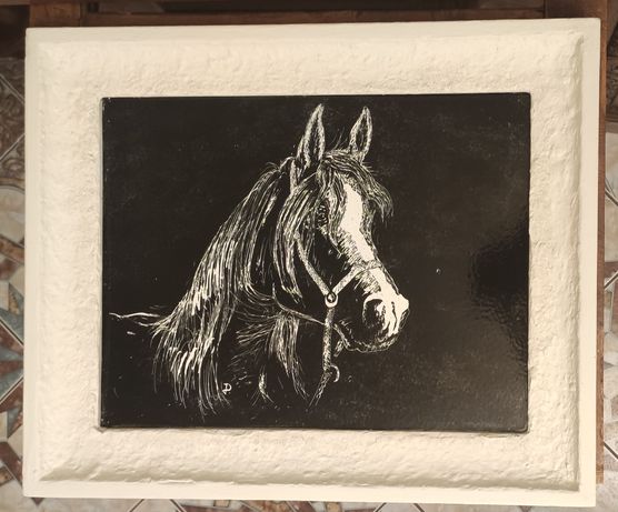 Obraz koń na szkle sygnowany wykonany ręcznie w tonacji czarno-białej