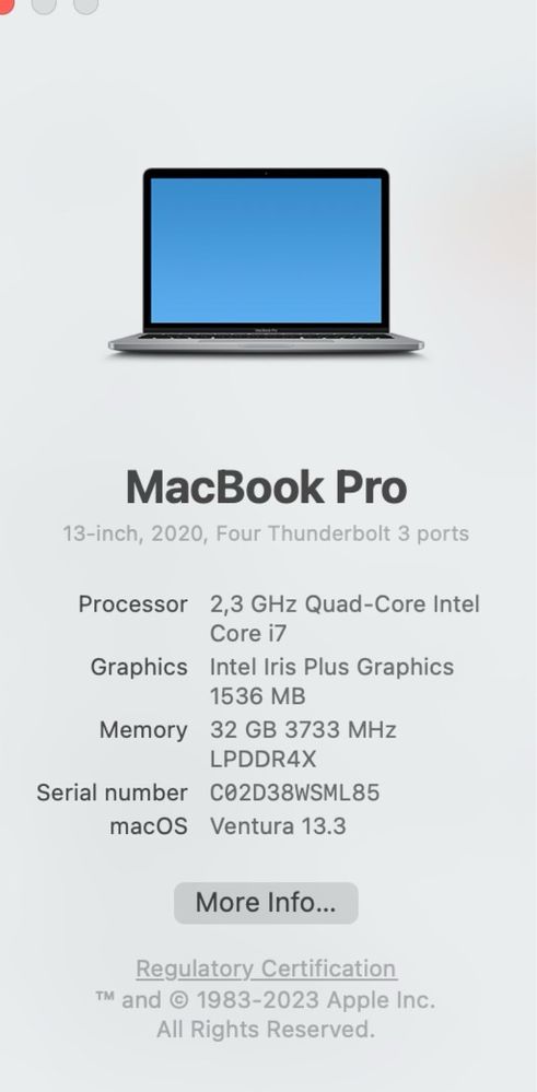 MacBook Pro 13” 2020, Intel Core i7, 32GB RAM, 500GB SSD
