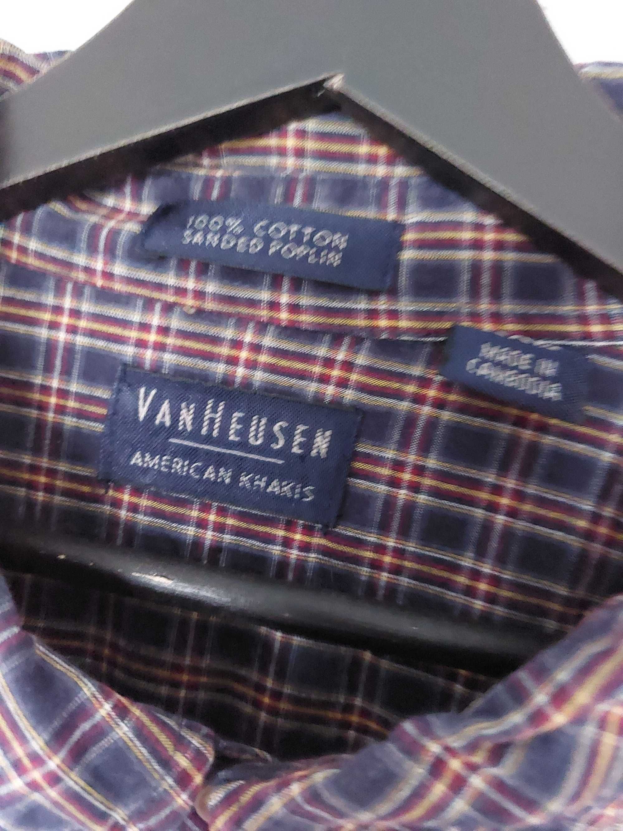 Granatowa amerykańska koszula w bordowo żółtą kratę VanHeusen 100% 4xl