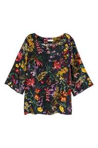 Красивая тёмно серая с ярким цветочным принтом блуза H&M S