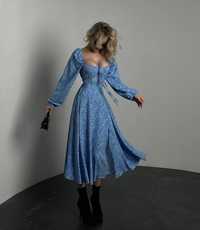 Сукня жіноча міді блакитна  на довгий рукав на завязках