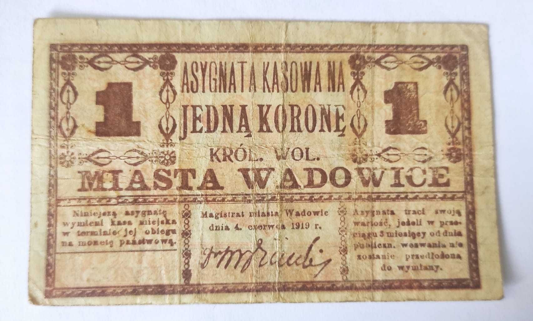 1 korona notgeld  1919 Asygnata Kasowa Miasta Wadowice